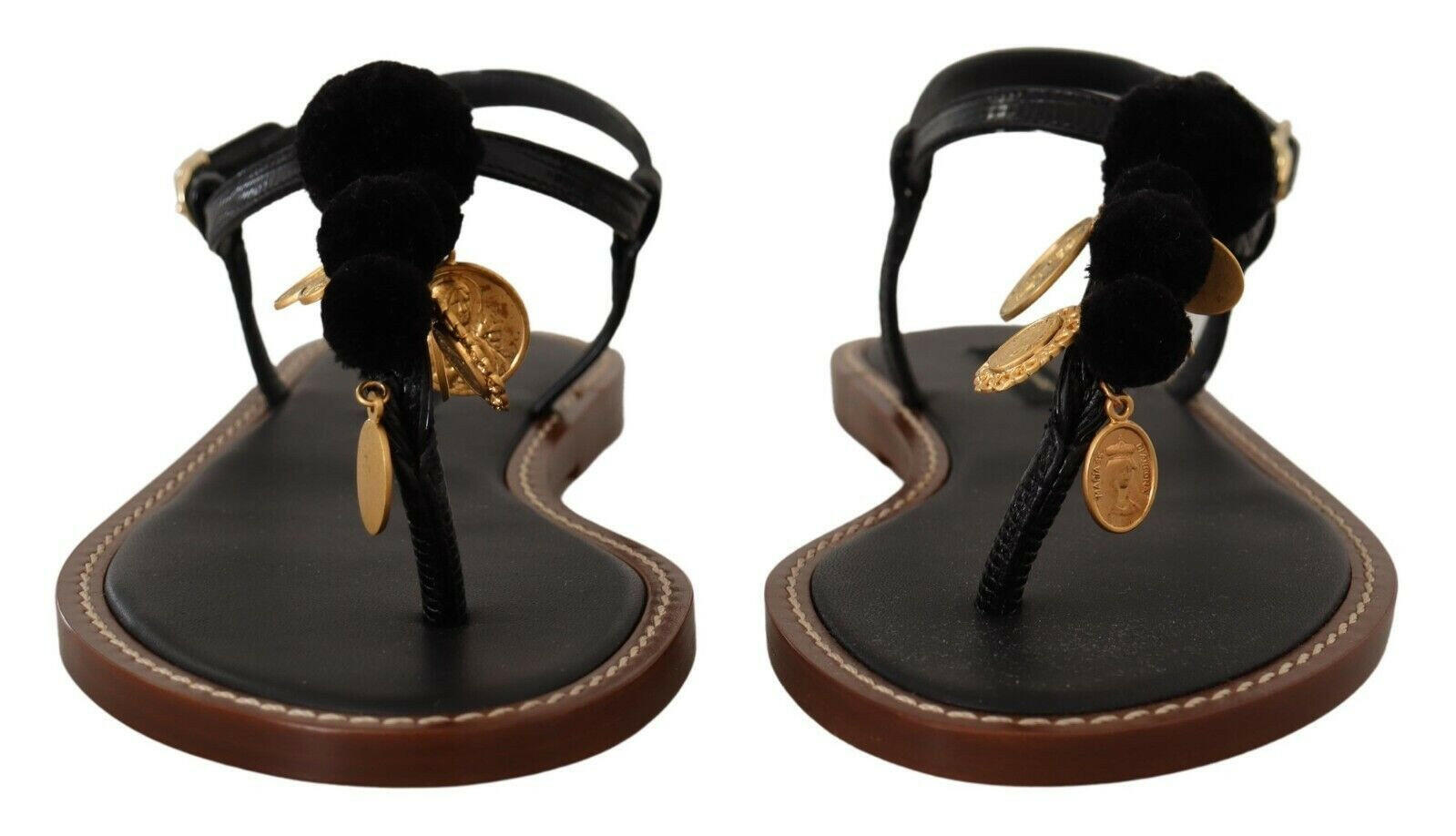 Dolce & Gabbana Black Leather Coins Flip Flops Sandals Shoes - GENUINE AUTHENTIC BRAND LLC  