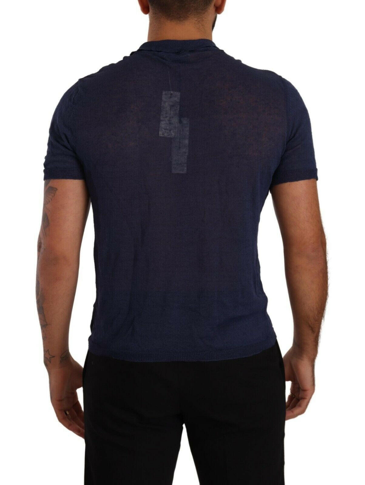 Daniele Alessandrini Navy Blue Linen Collared T-shirt - GENUINE AUTHENTIC BRAND LLC  