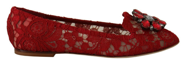 Dolce & Gabbana Red Lace Crystal Ballet Flats Loafers Shoes - GENUINE AUTHENTIC BRAND LLC  