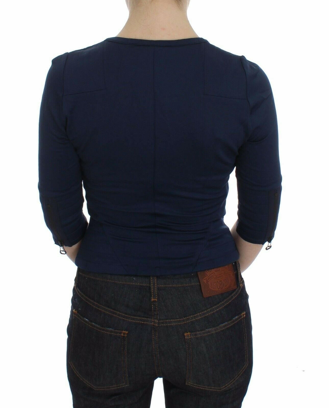 Exte Blue Cotton Top Zipper Deep Crew-neck Sweater - GENUINE AUTHENTIC BRAND LLC  