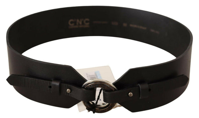 Costume National Black Leather Silver Round Buckle Belt - GENUINE AUTHENTIC BRAND LLC  